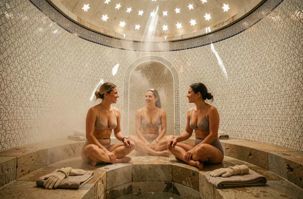 Groupe d'amis profitant d'un rituel hammam dans un espace mixte parisien en hiver