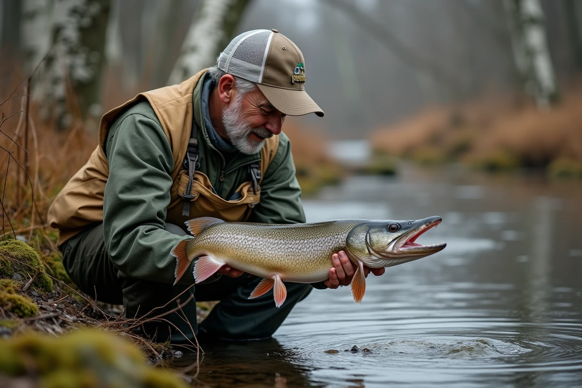 Guide de pêche examinant les dents et la mâchoire d'un brochet au bord d'une rivière