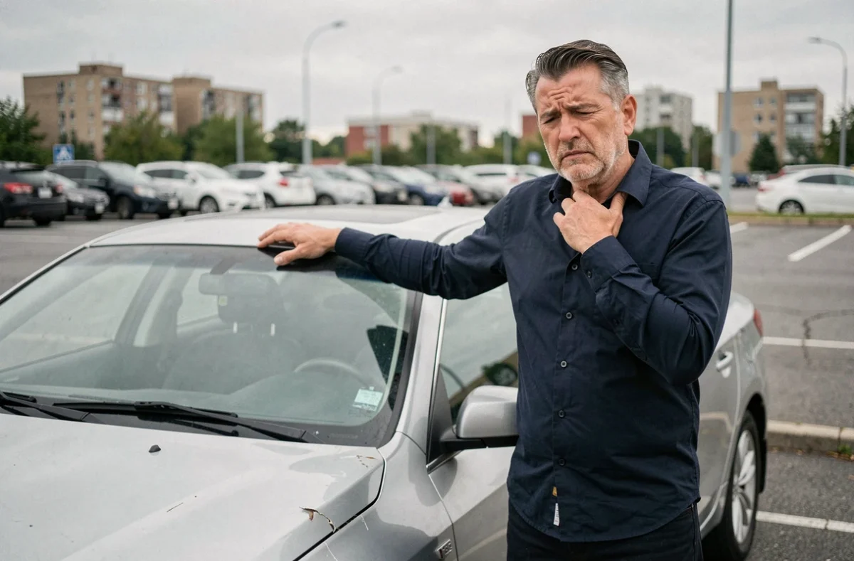 Homme souffrant de douleurs cervicales après un accident de voiture, debout près de son véhicule endommagé