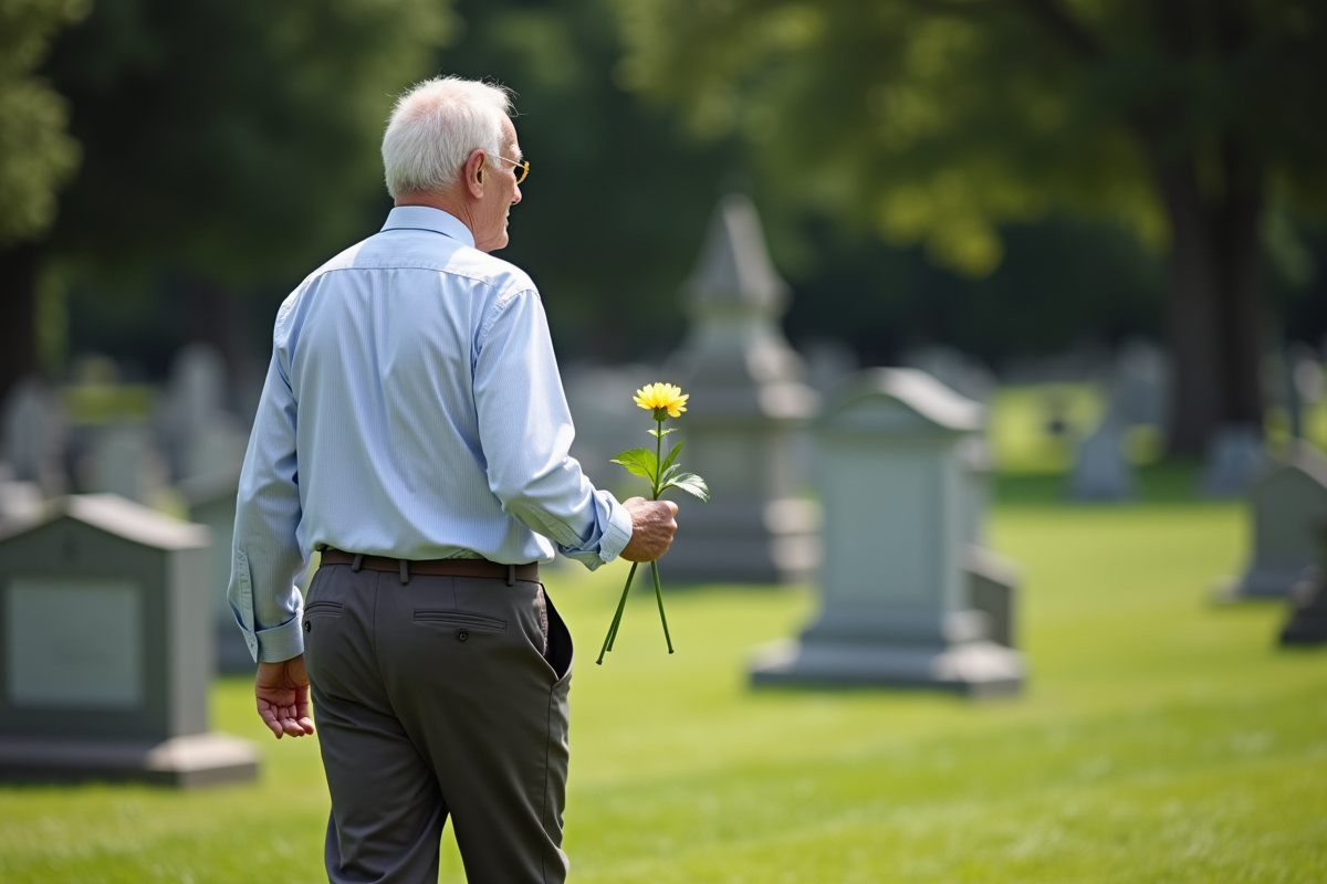 Homme âgé marchant dans un cimetière avec une fleur