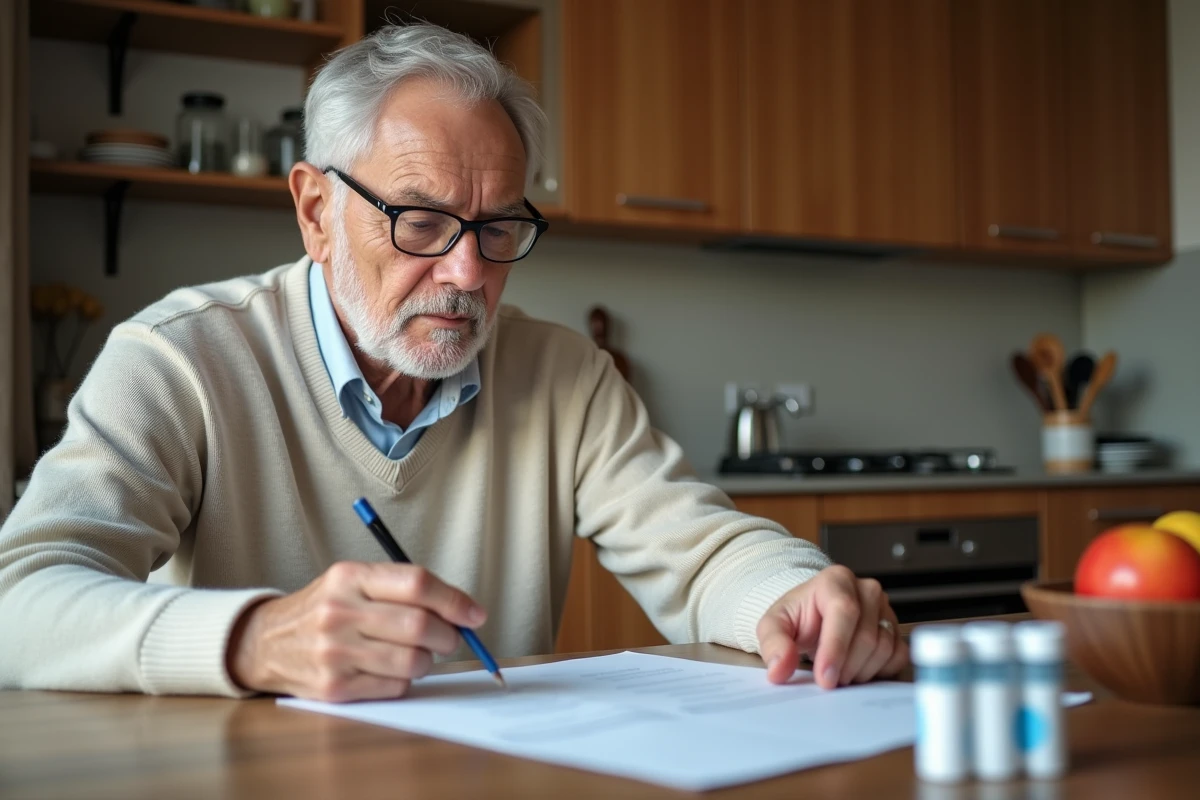 Homme senior examinant resultats medicals a la maison