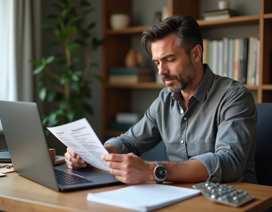 Homme analysant des avis utilisateurs sur un complément de perte de poids devant un ordinateur portable
