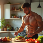 Homme athlétique préparant un repas sain dans une cuisine lumineuse