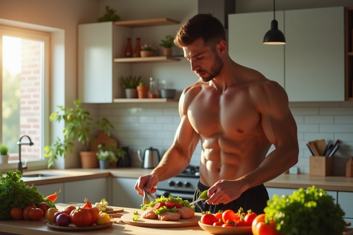 Homme athlétique préparant un repas sain dans une cuisine lumineuse
