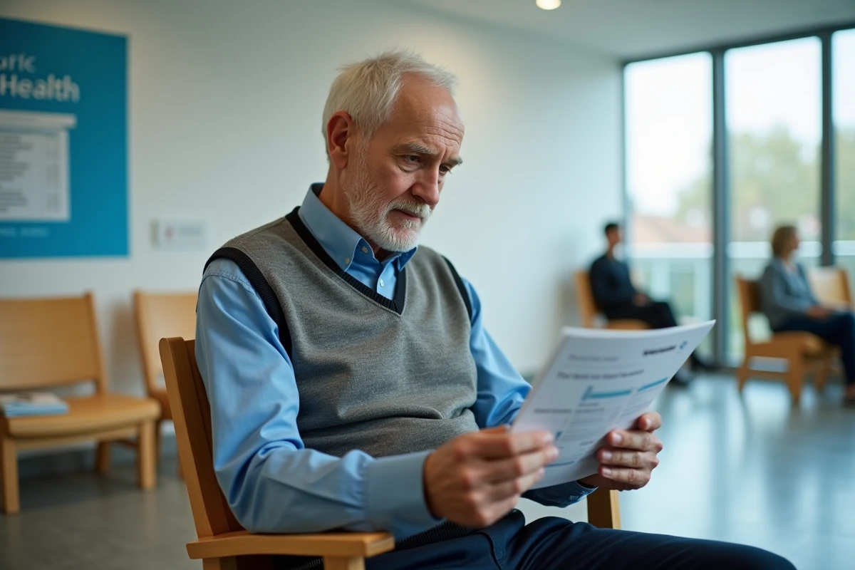 Homme âgé examine une brochure santé dans une clinique moderne