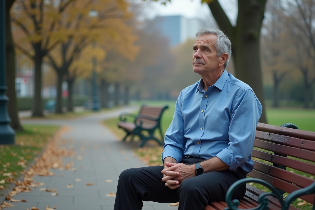 Homme méditant sur un banc dans un parc en automne