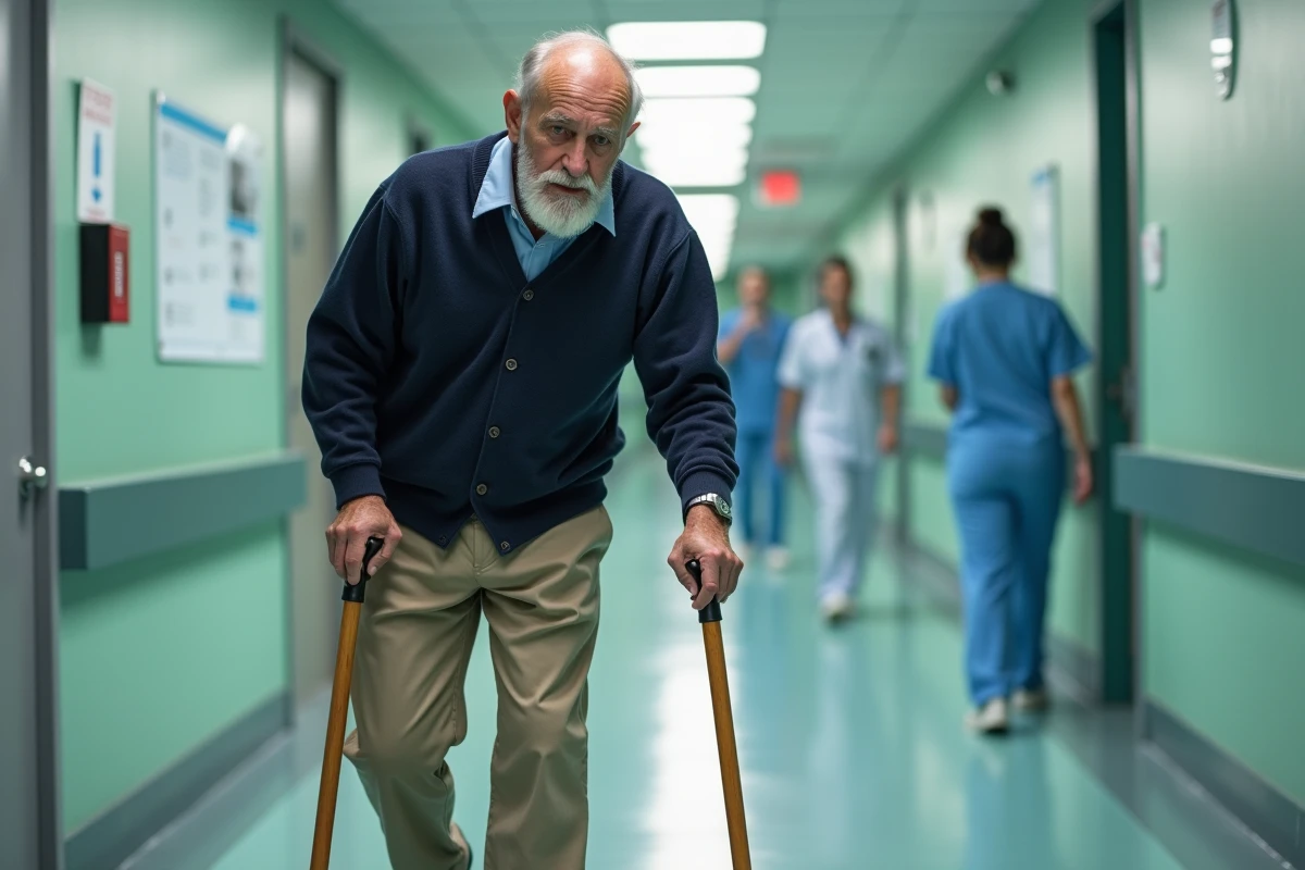 Homme âgé marchant avec une canne dans un couloir d'hôpital illustrant un handicap lié à l'ostéophytose