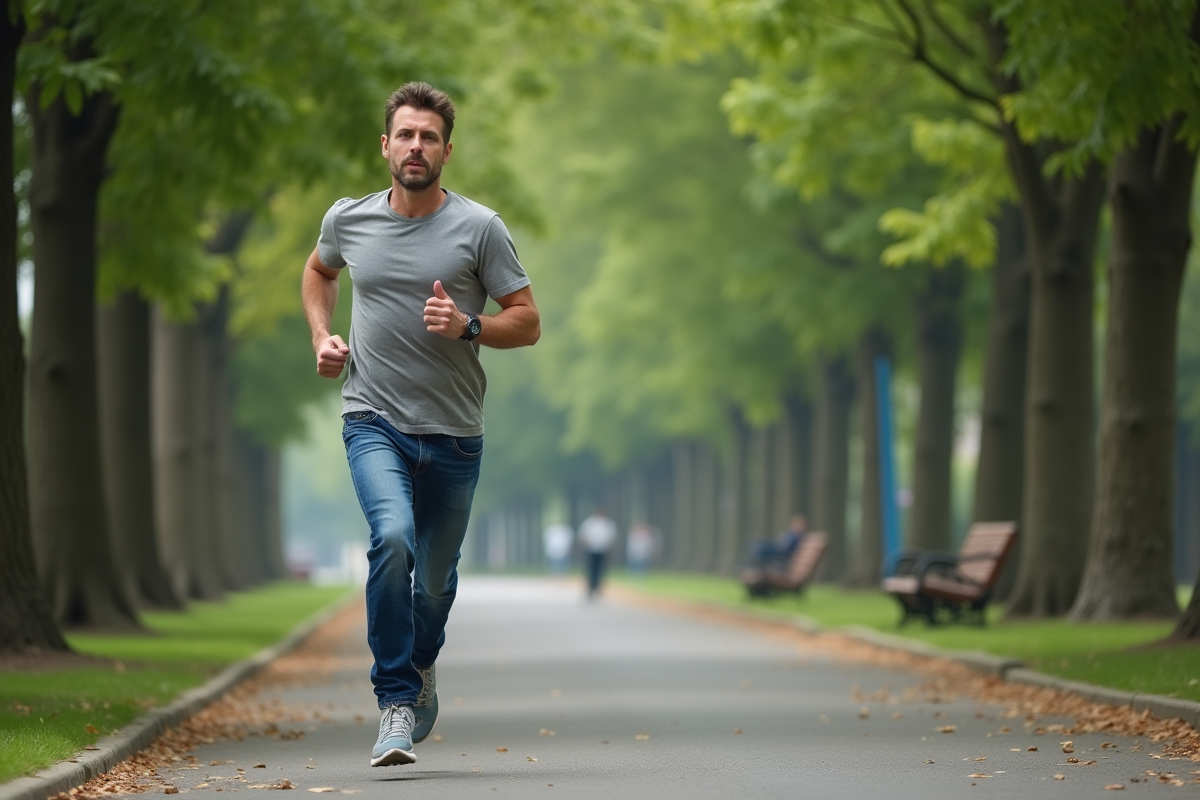 Homme courant dans un parc urbain en pleine nature
