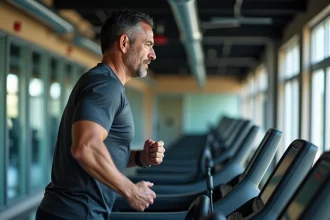 Homme d'âge moyen courant sur un tapis de gym moderne