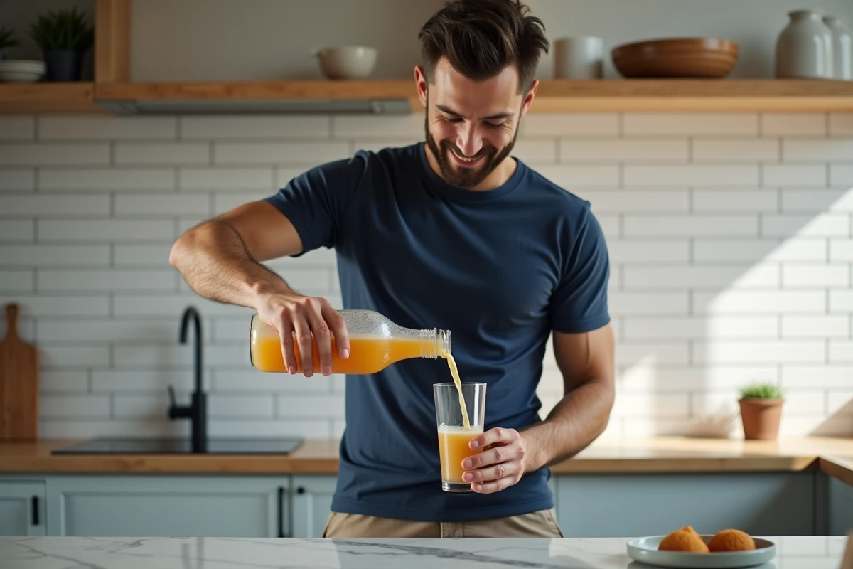 Homme préparant sa boisson Bonjour dans une cuisine moderne, bilan personnel sur l'énergie et l'humeur après consommation régulière