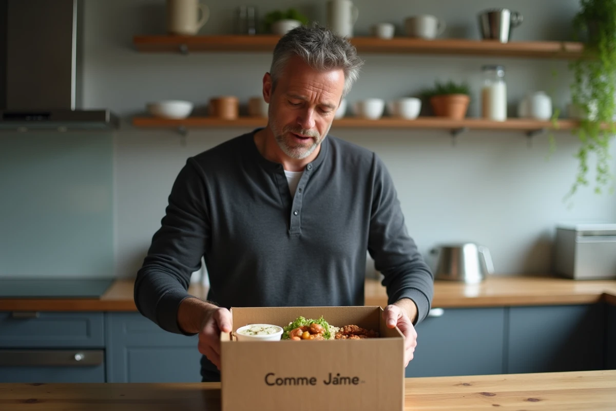 Homme déballant une livraison Comme J'aime dans sa cuisine, découvrant les repas préparés et leur contenu