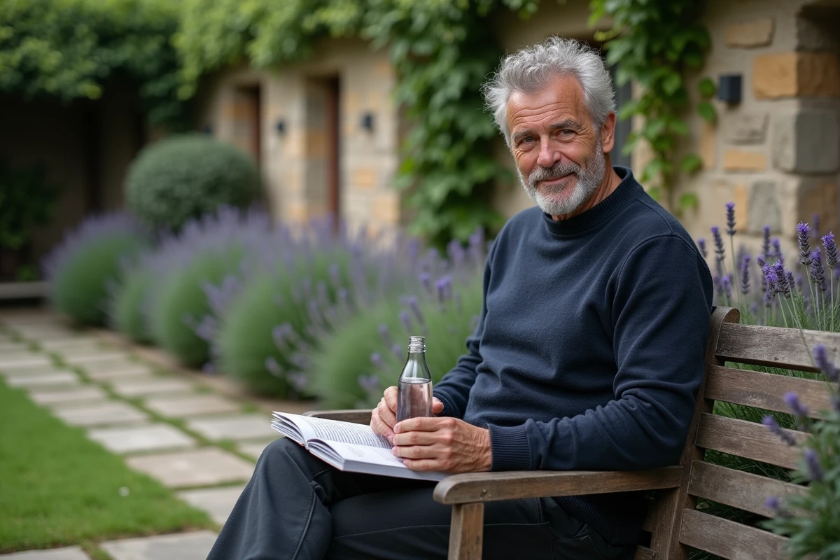 Homme assis dans un jardin français tenant une bouteille d'eau minérale et lisant un guide santé sur la constipation et le transit