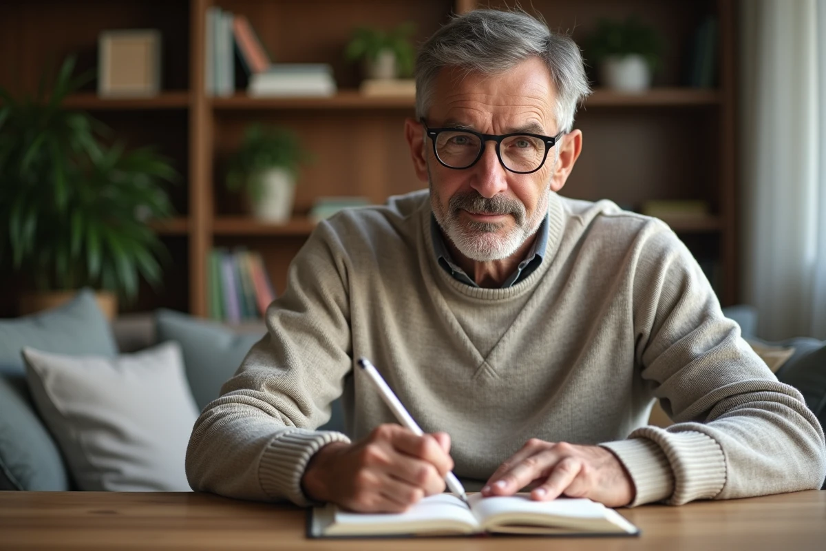 Homme écrivant dans un salon moderne et cosy