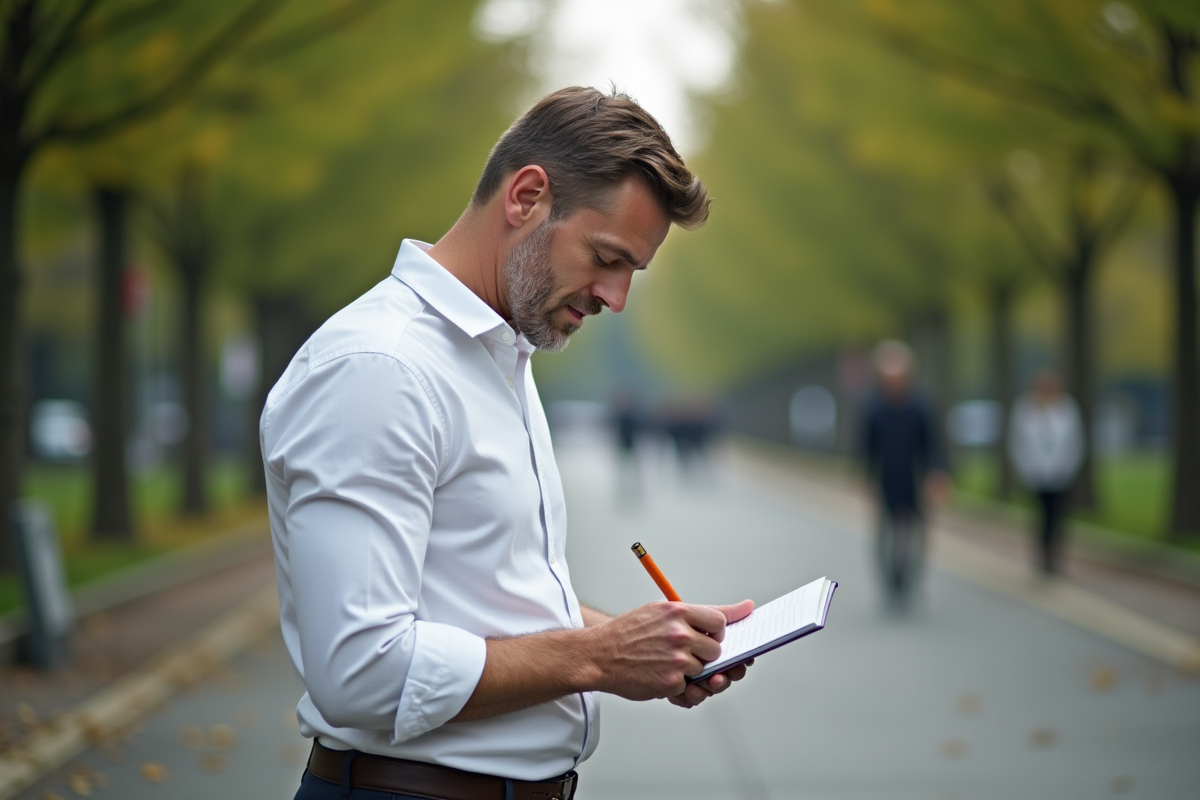 Homme écrivant dans un parc urbain calme