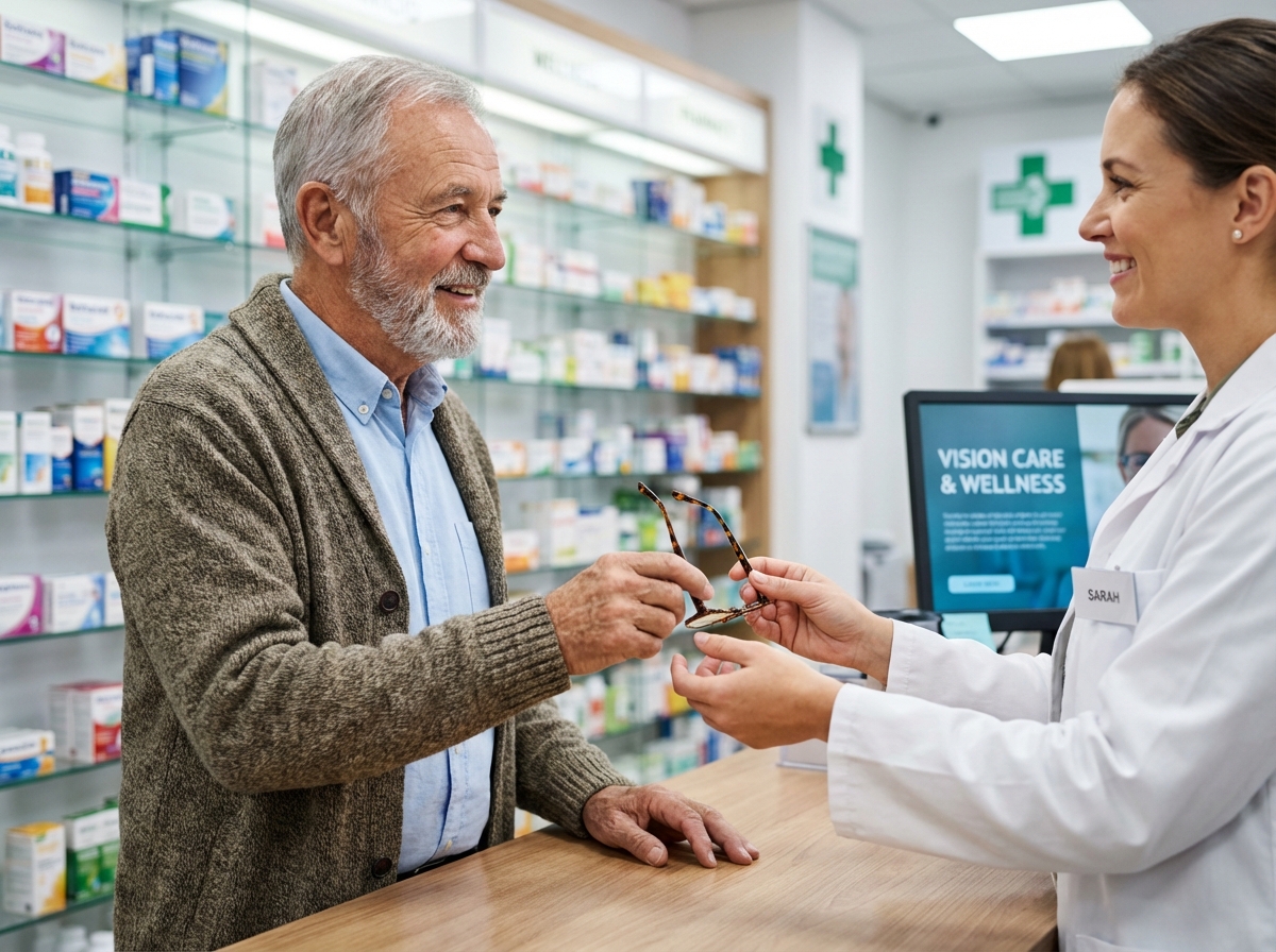 Homme âgé recevant ses lunettes chez la pharmacienne