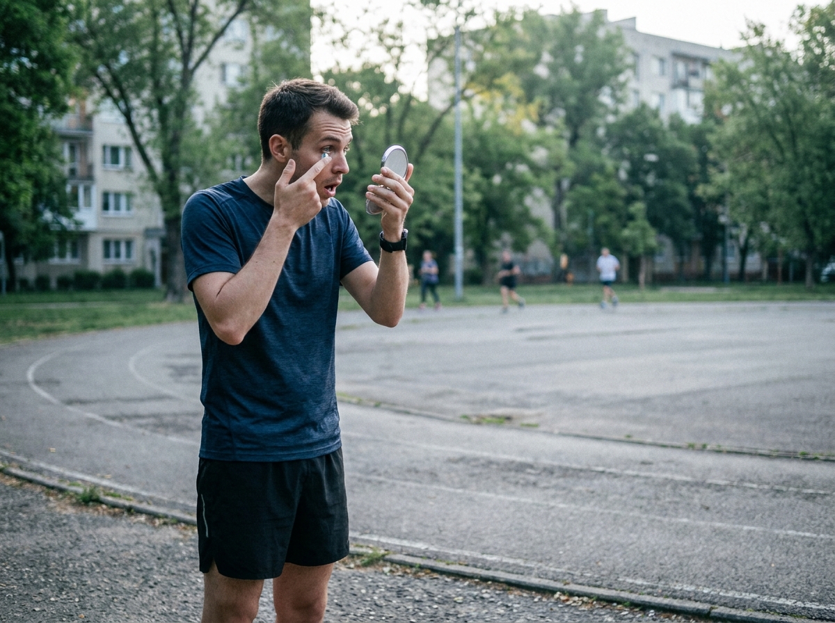 Homme sportif posant une lentille de contact avant une séance de course à pied dans un parc urbain