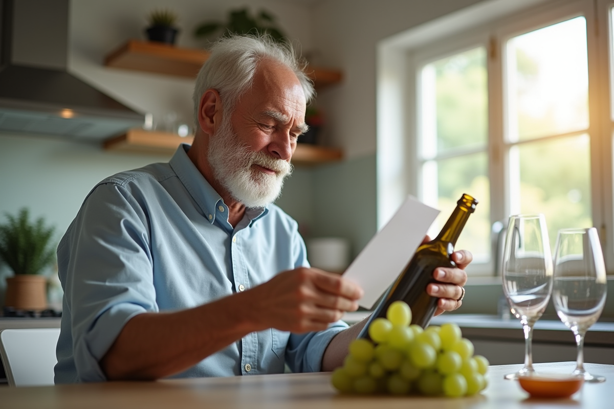 Senior lisant une étiquette de vin dans la cuisine