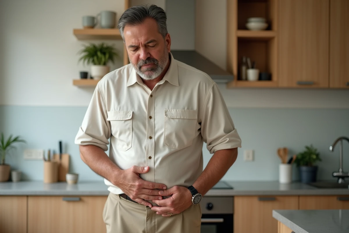 Homme en cuisine se tenant le ventre en silence