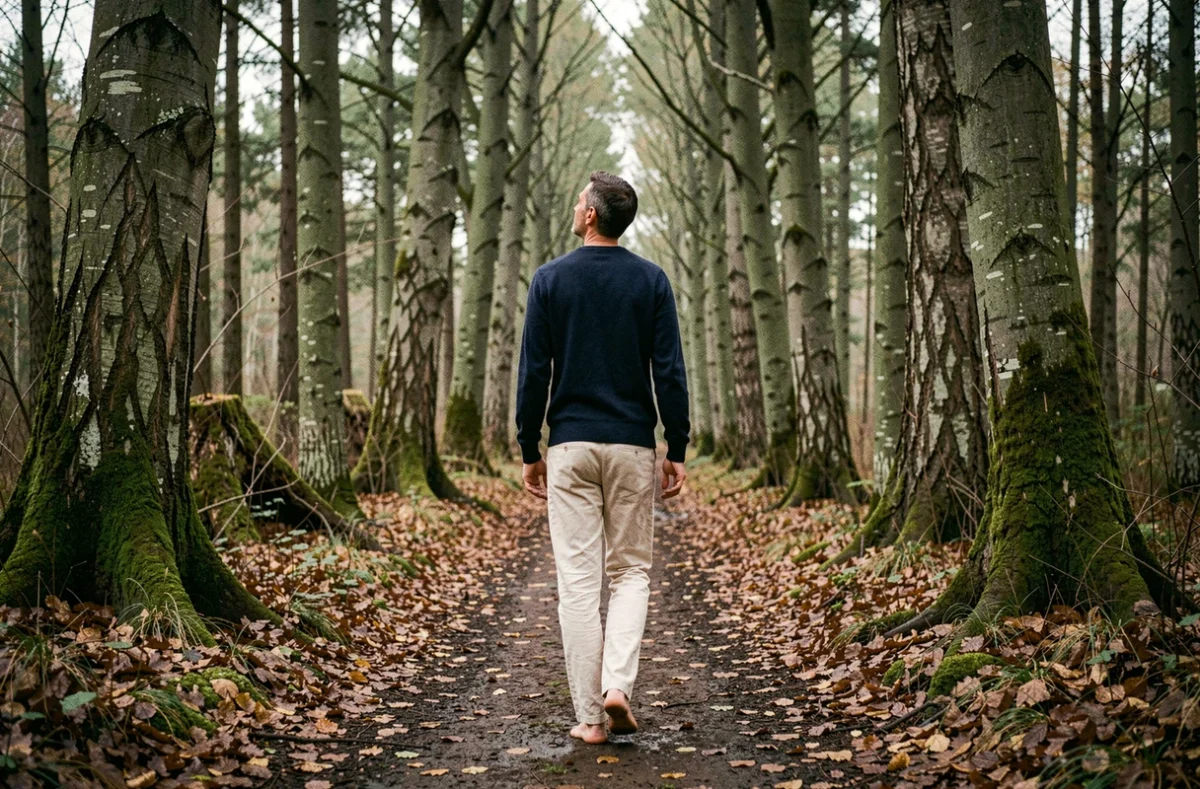 Homme marchant pieds nus sur un sentier forestier automnal, symbole d'une déconnexion numérique et d'un retour à la nature apaisante