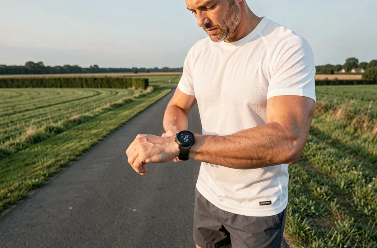 Homme consultant son compteur de pas sur montre connectée lors d'une marche sportive sur terrain plat, pour suivre les 10000 pas en kilomètres