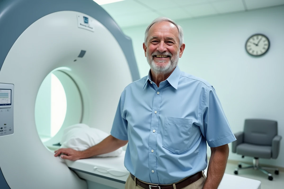 Homme souriant près d’un MRI dans une salle lumineuse