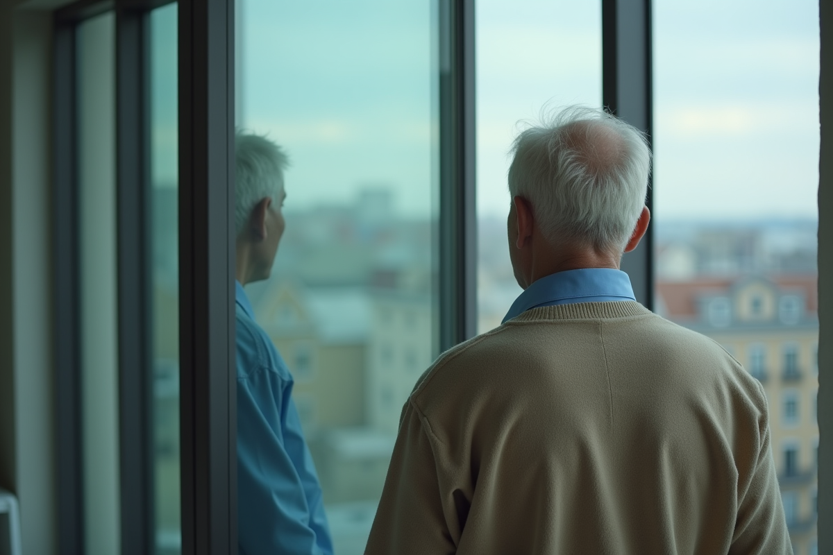 Homme âgé regardant par la fenêtre dans un appartement moderne