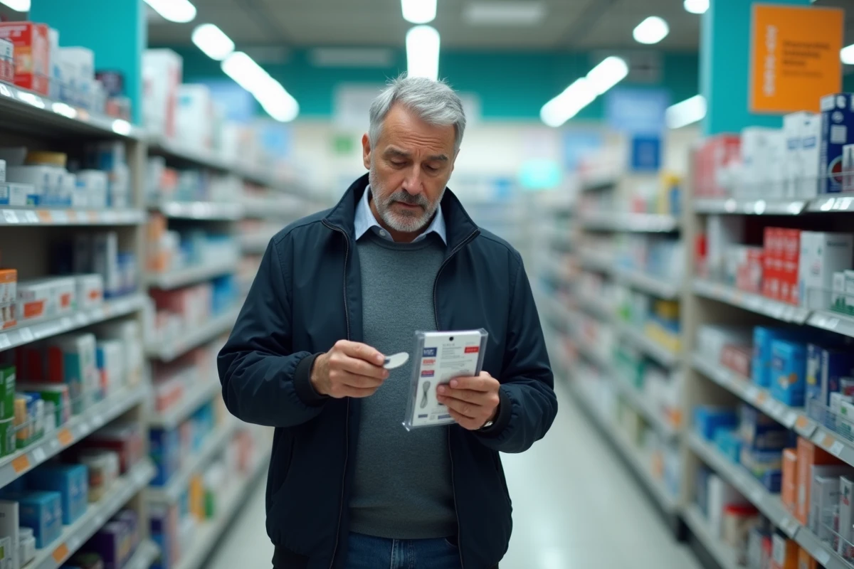 Homme en pharmacie lisant attentivement l'étiquette d'une semelle, illustrant le questionnement face aux promesses des semelles Akusoli