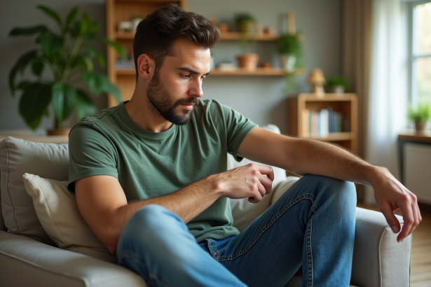Homme détendu dans un salon lumineux et cosy