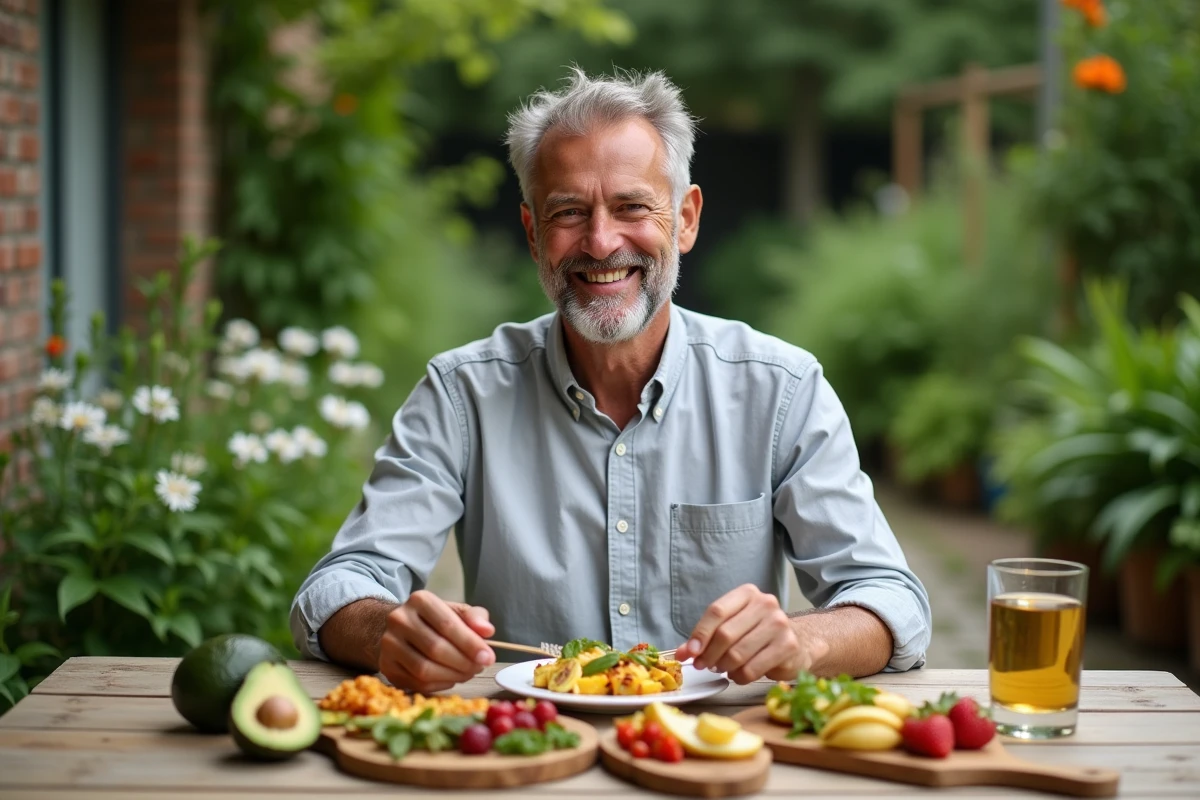 Homme dégustant un repas antiinflammatoire en extérieur