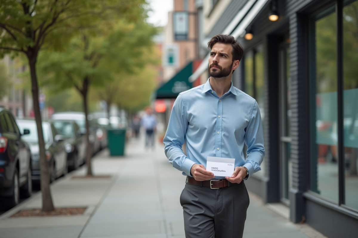 Homme marchant avec enveloppe de résultats HCG dans la ville