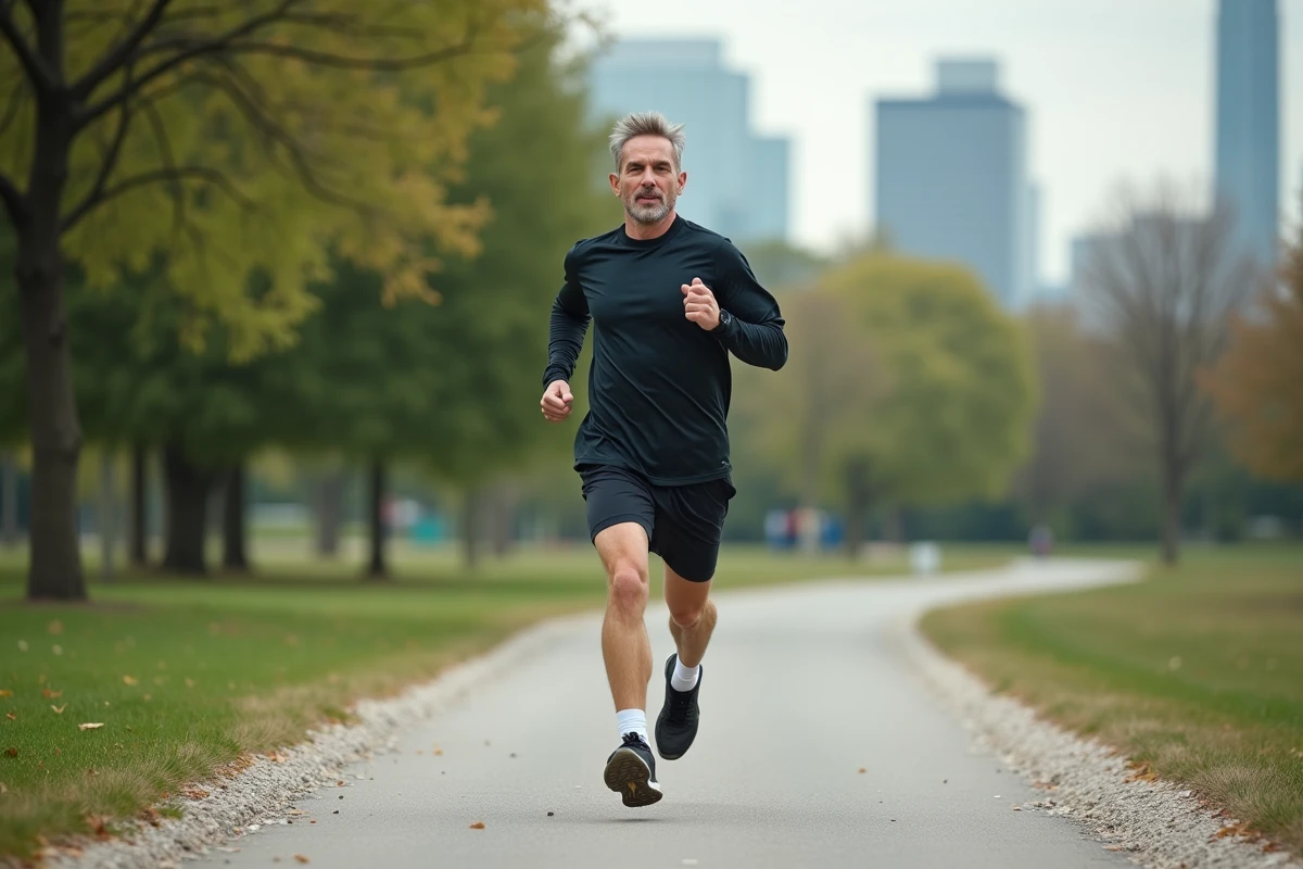 Homme en train de courir dans un parc urbain avec des semelles de sport Akusoli dans ses chaussures de running