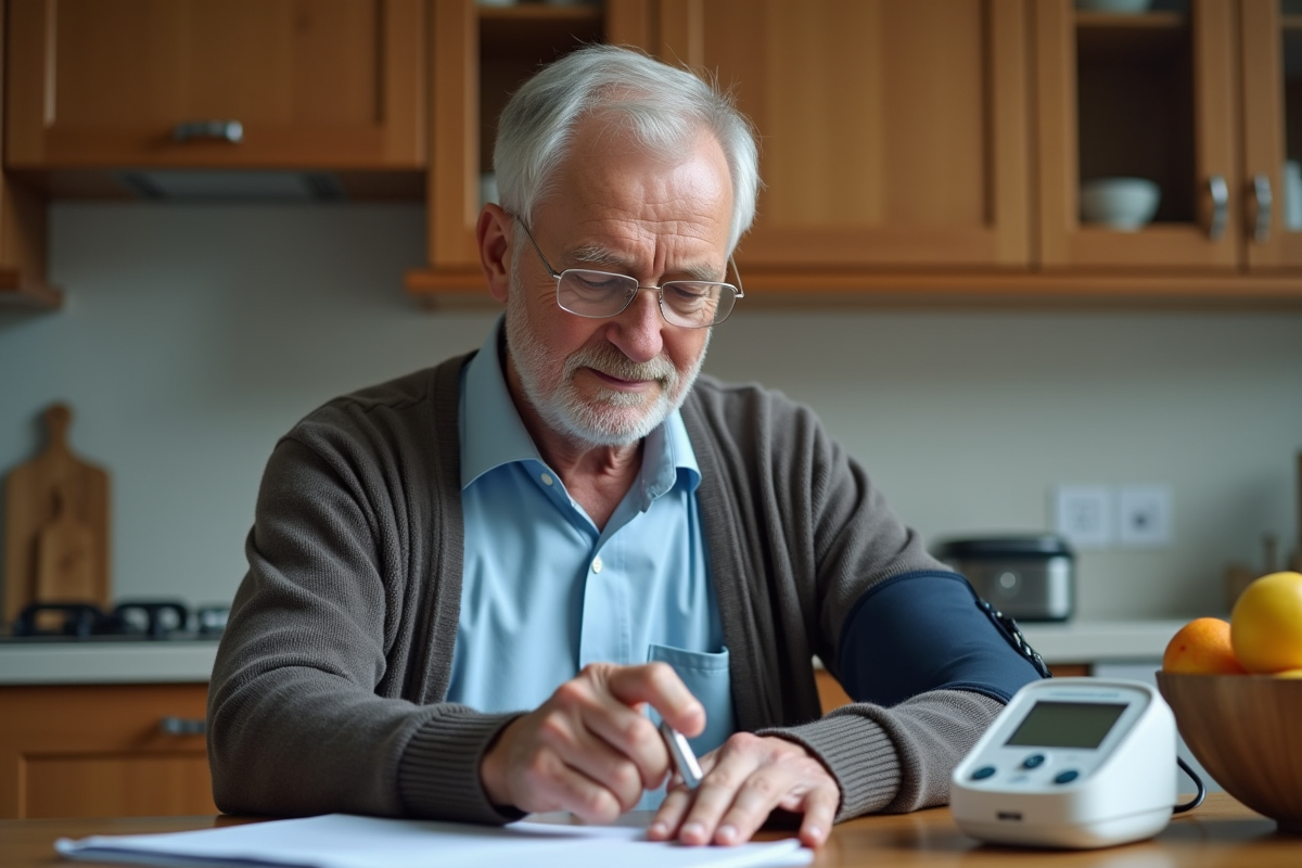 Homme senior vérifiant son pouls avec moniteur médical