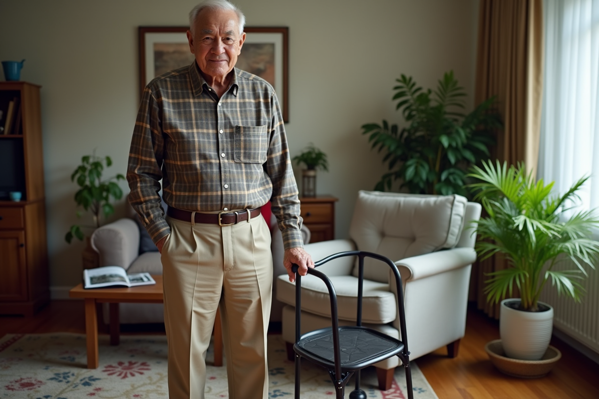 Homme agee assis avec un marcheur dans un salon cosy