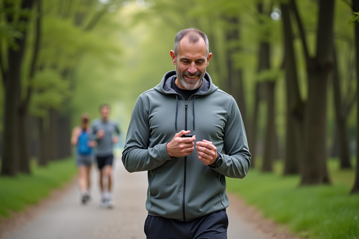 Homme en tenue de sport marche dans un parc verdoyant