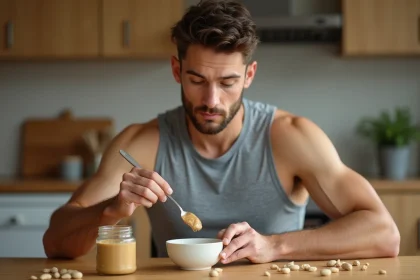 Homme sportif préparant une portion de beurre de cacahuète naturel dans une cuisine en bois, vue en plan 3/4