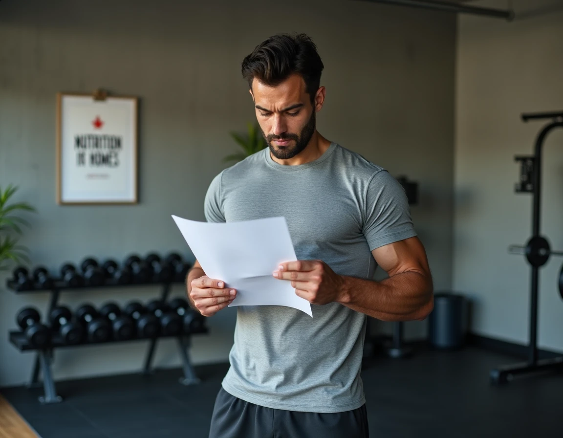 Homme sportif consultant un plan nutritionnel et d'entraînement dans une salle de sport à domicile, évaluation de méthode fitness