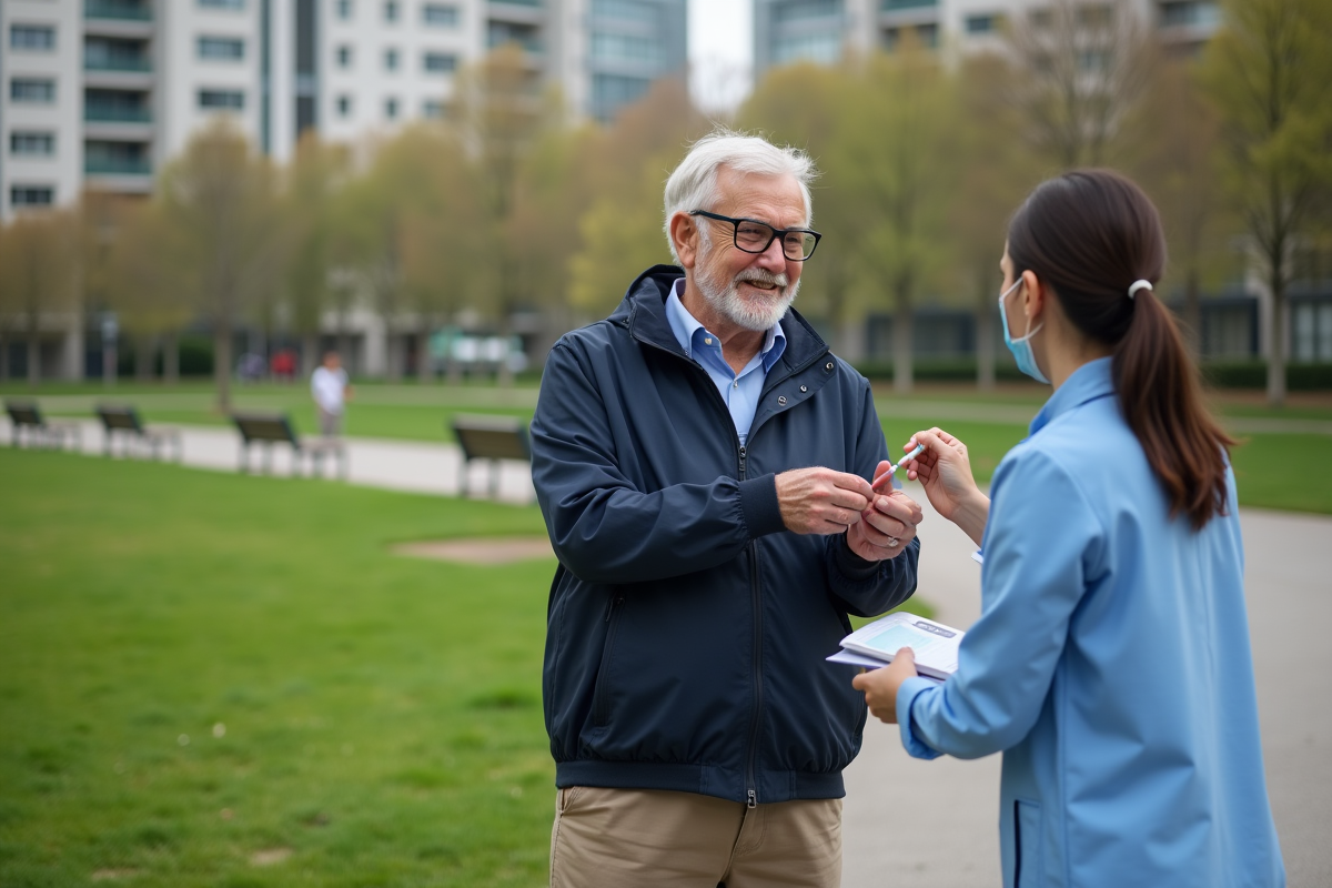 Homme âgé souriant avec infirmière en extérieur dans un parc