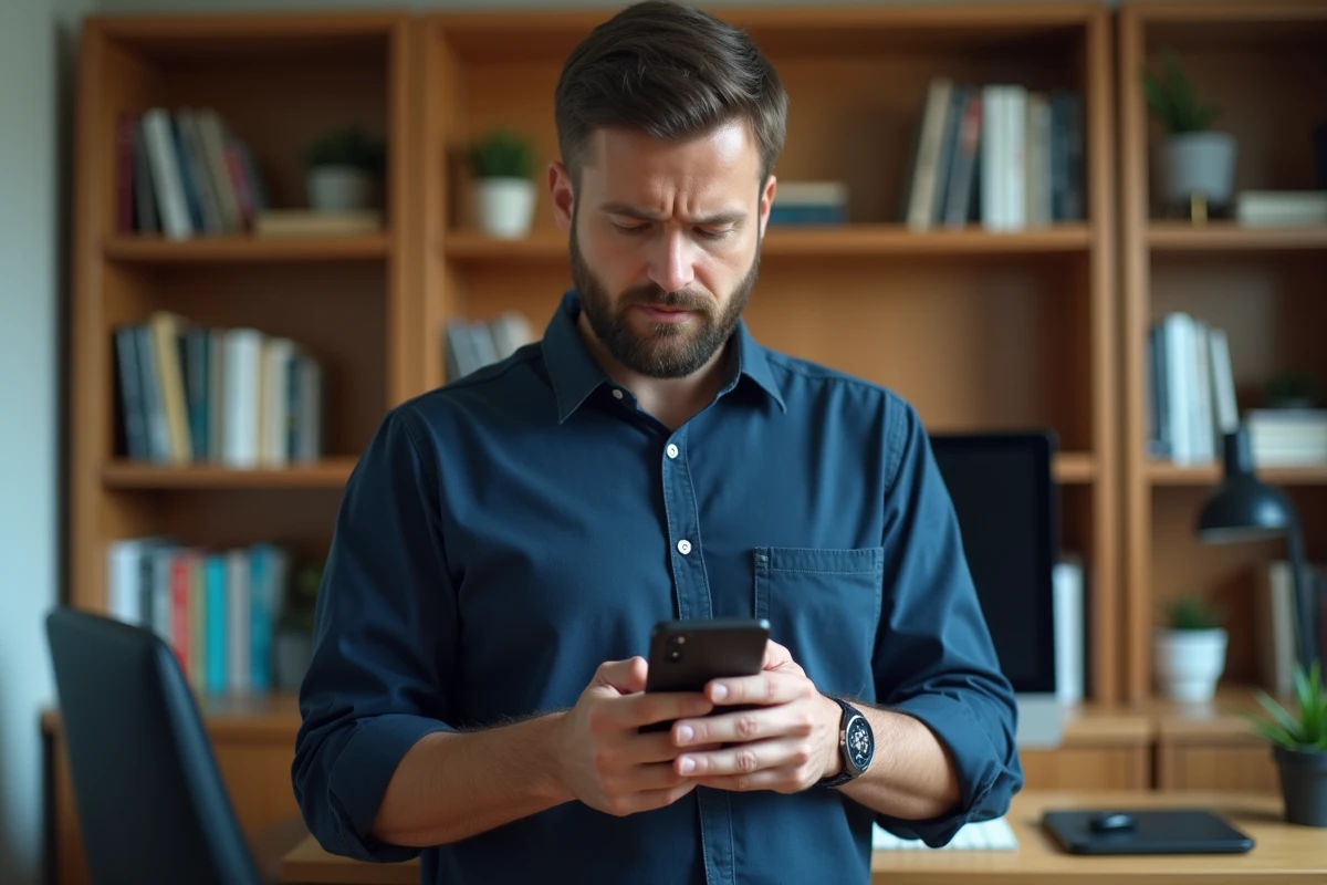 Homme vérifiant la fiabilité d'un site de vente en ligne sur smartphone avant d'effectuer un achat