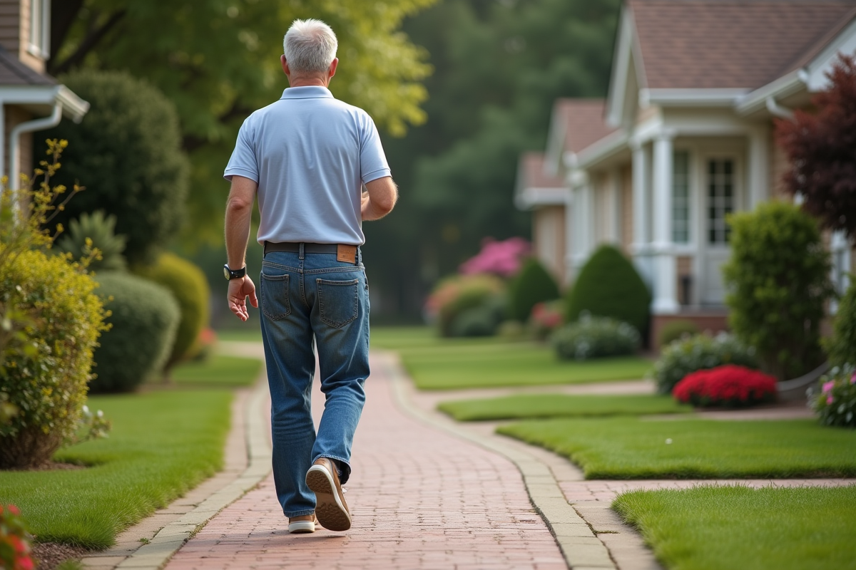 Homme de 60 ans comptant ses pas dans un quartier résidentiel