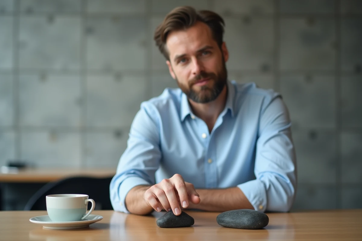 Homme en pause travail utilisant une pierre anti-stress worrying stone posée sur une table en bois