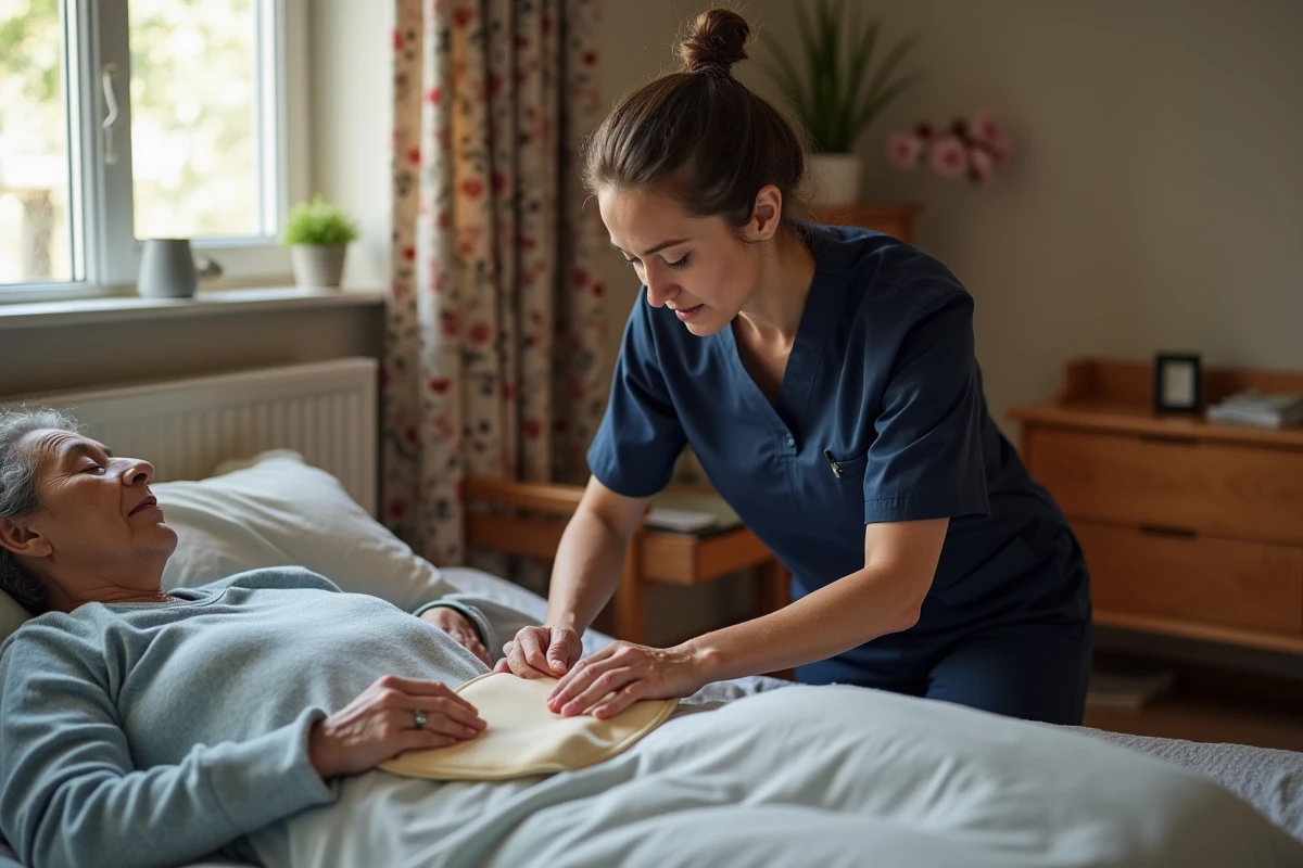 Infirmière à domicile appliquant un pansement anti-escarre sur la zone sacrée d'une patiente âgée