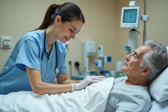 Infirmière examinant une zone de pression sur le dos d'un patient âgé allongé dans un lit d'hôpital