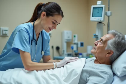 Infirmière examinant une zone de pression sur le dos d'un patient âgé allongé dans un lit d'hôpital
