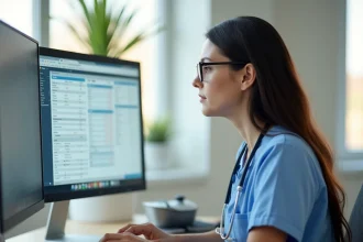 Infirmière utilisant un logiciel de gestion des soins résidents sur ordinateur dans un EHPAD