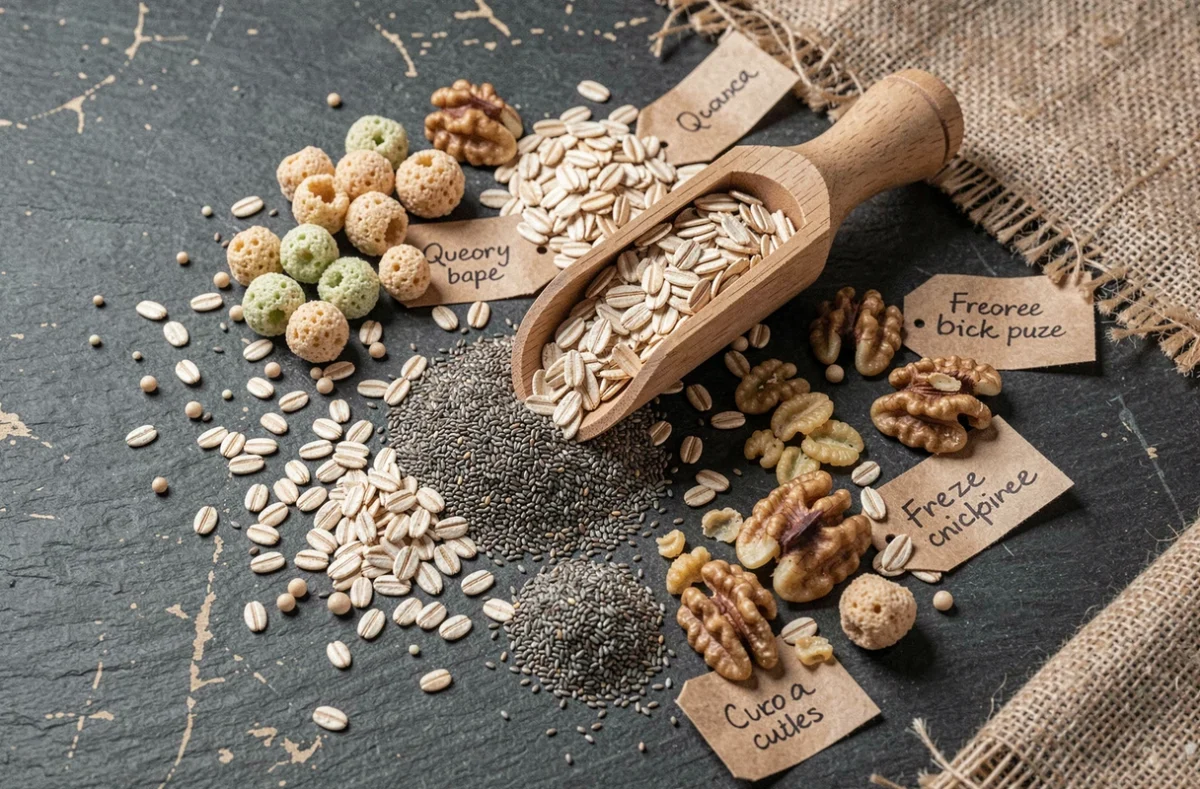 Ingrédients de céréales riches en fibres et protéines végétales disposés sur ardoise avec étiquettes kraft