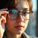 Jeune adulte ajustant des lunettes stylées devant une fenêtre