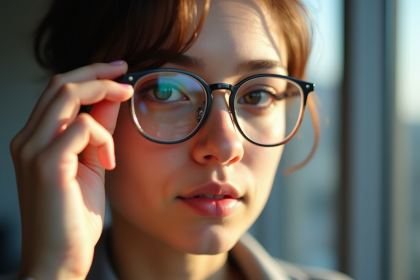 Jeune adulte ajustant des lunettes stylées devant une fenêtre