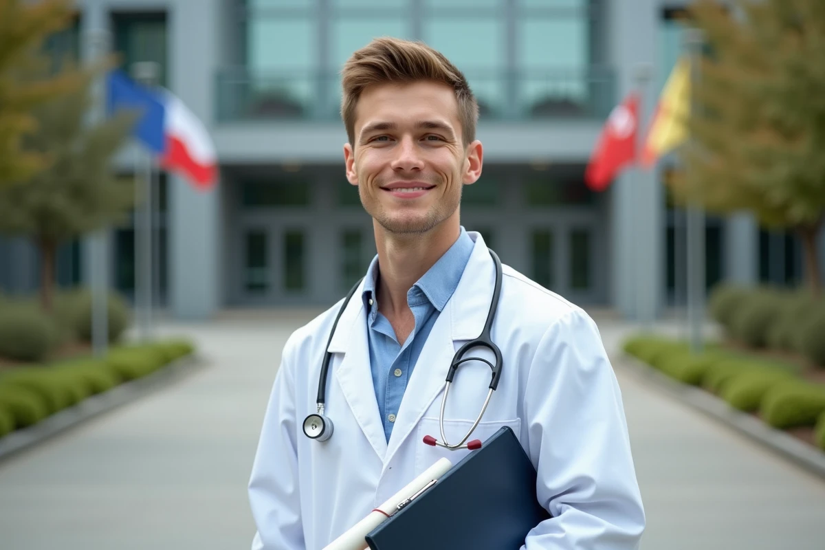 Jeune médecin souriant devant un bâtiment universitaire