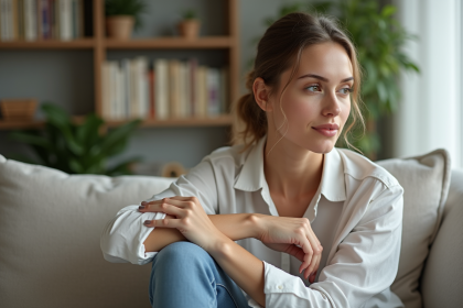 Jeune femme touchant son eczema sur le bras dans un salon lumineux