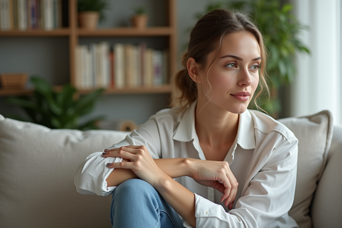 Jeune femme touchant son eczema sur le bras dans un salon lumineux
